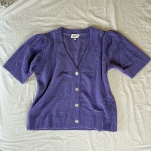Candace Cameron Bure fuzzy lilac button cardigan large short sleeve sweater top